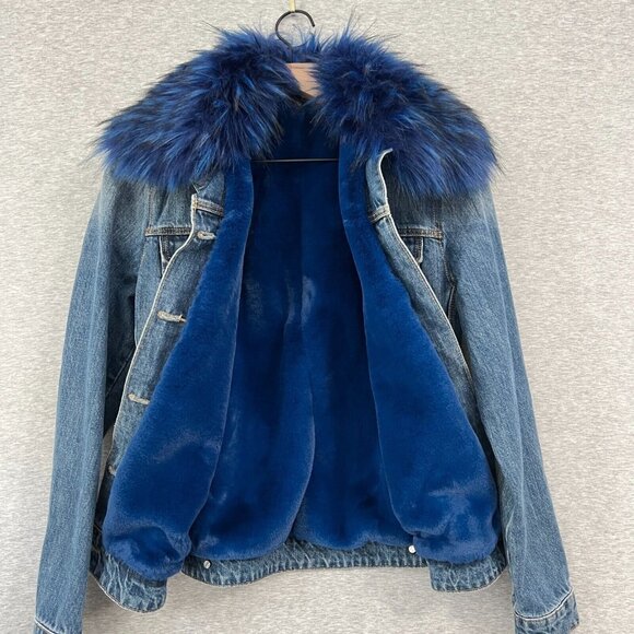 Driftwood Denim Jacket Womens Small Blue Faux Fur Collar Mob Wife Whimsigoth - Picture 5 of 11